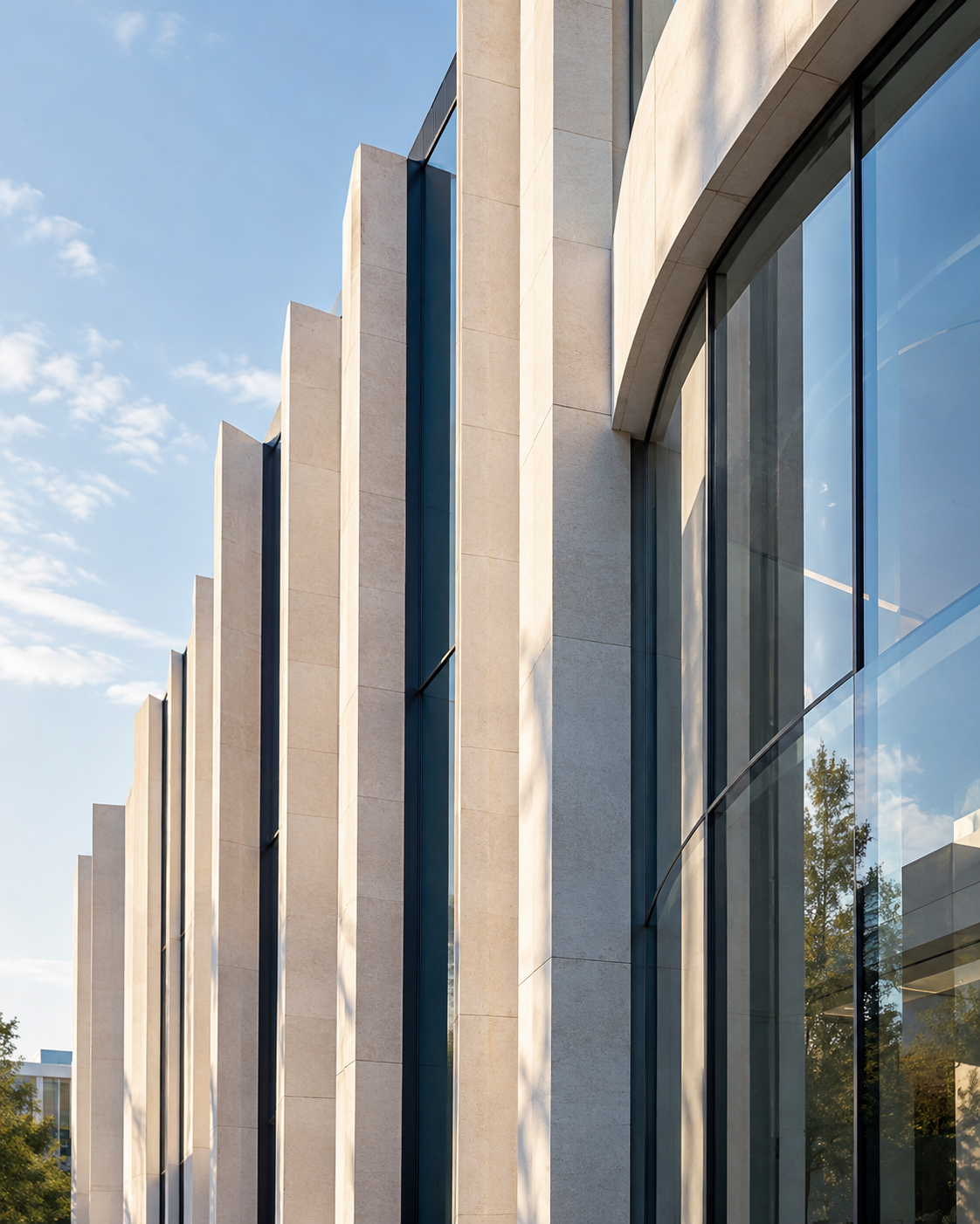 Illustration architecturale d’une façade en pierre claire et verre